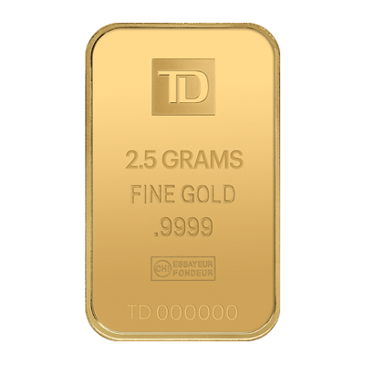 A picture of a 2.5 gram TD Gold Bar